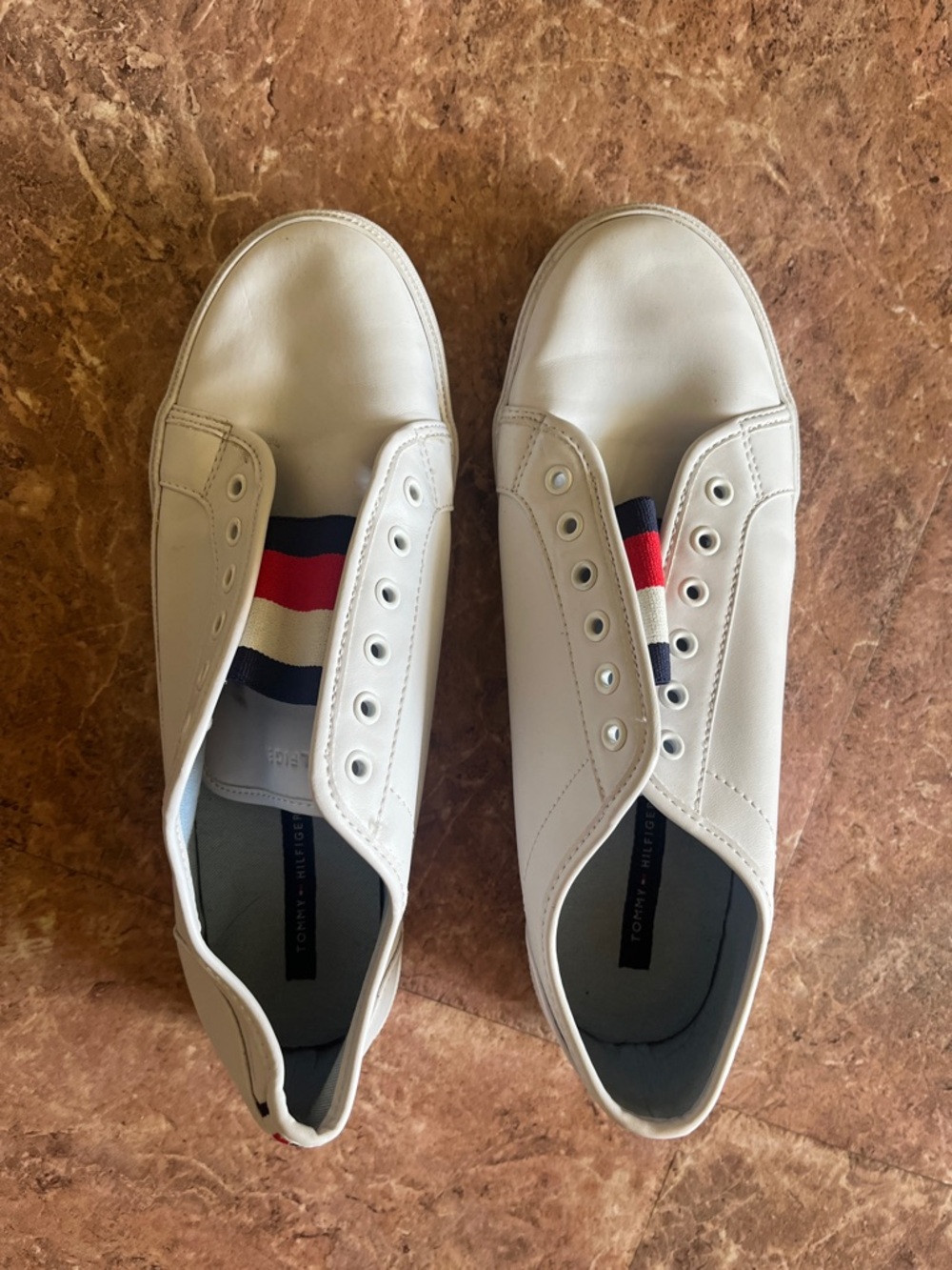 Tommy Hilfiger White Slip-On Sneakers with Red & Navy Stripe